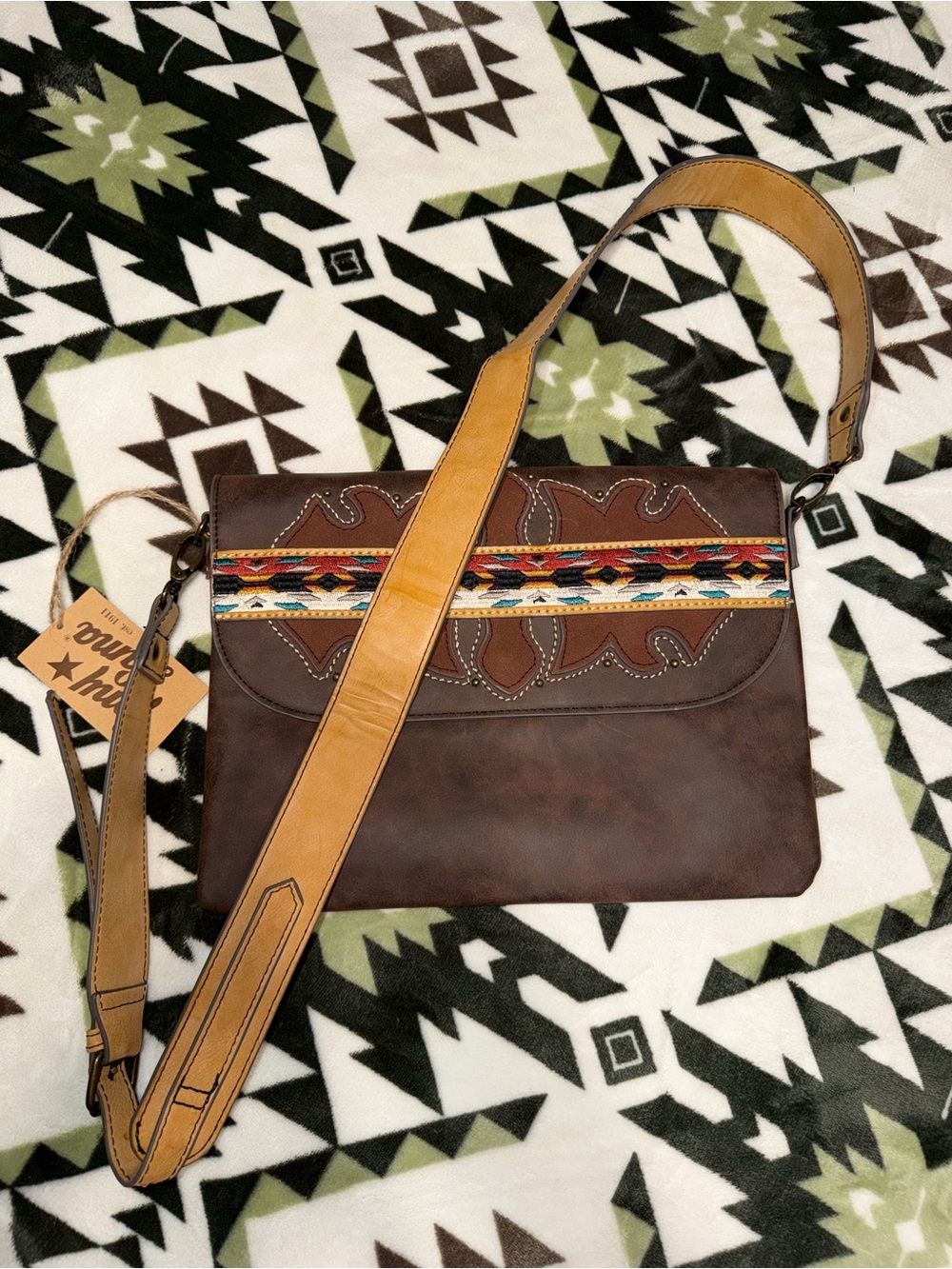 Tony Lama Brown Leather Crossbody Colorful Southwestern Stripe bag New w/ Tag - Picture 5 of 7